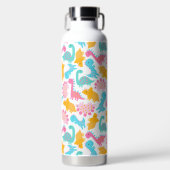 おもしろいピンク&ティール（緑がかった色）恐竜パターン ウォーターボトル (正面)