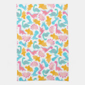 おもしろいピンク&ティール（緑がかった色）恐竜パターン キッチンタオル (縦)