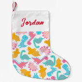 おもしろいピンク&ティール（緑がかった色）恐竜パターン スモールクリスマスストッキング (正面)