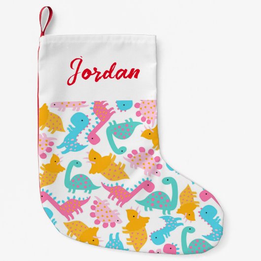 おもしろいピンク&ティール（緑がかった色）恐竜パターン スモールクリスマスストッキング (正面)