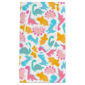 おもしろいピンク&ティール（緑がかった色）恐竜パターン スモールペーパーバッグ (正面)