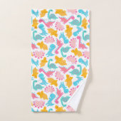 おもしろいピンク&ティール（緑がかった色）恐竜パターン バスタオルセット (ハンドタオル)