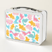 おもしろいピンク&ティール（緑がかった色）恐竜パターン メタルランチボックス (裏面)