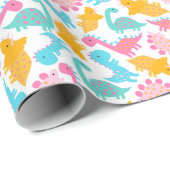 おもしろいピンク&ティール（緑がかった色）恐竜パターン ラッピングペーパー (ロールコーナー)