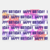 おもしろいピンク/パープルスターズ名前をカスタムするハッピーバースデー ラッピングペーパーシート (正面2)