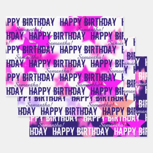 おもしろいピンク/パープルスターズ名前をカスタムするハッピーバースデー ラッピングペーパーシート (セット)