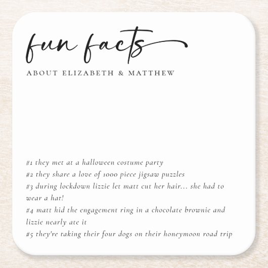 おもしろいファクトのミニマル結婚リストスクリプト スクエアペーパーコースター (正面)