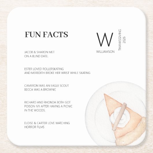 おもしろいファクトモダンイニシャルパンプキンパイサンクスギビング スクエアペーパーコースター (正面)