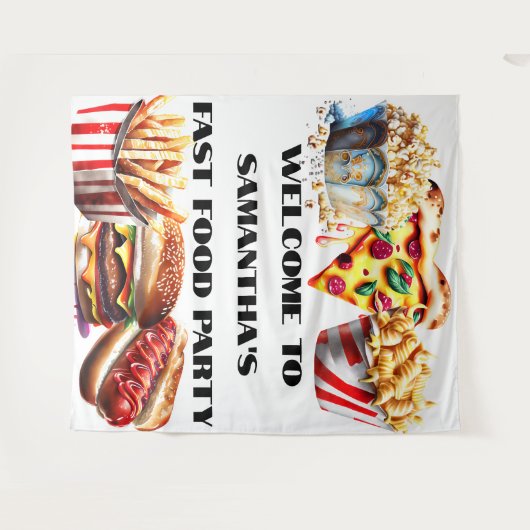 おもしろいファストフードハンバーガーピザフードトラック誕生日 タペストリー (正面(横))