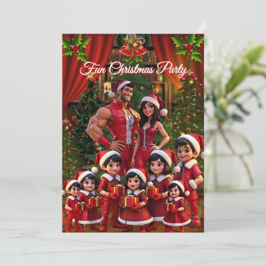 おもしろいファミリークリスマスホリデーレッドグリーンギフト 招待状 (スタンド正面)