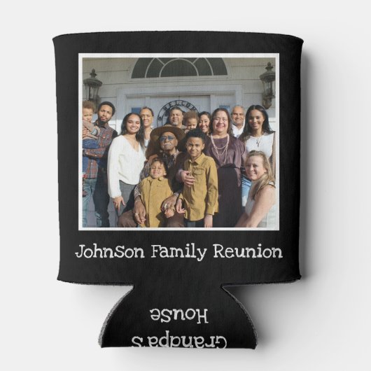 おもしろいファミリー懇親会フォトパーソナライズされた白黒 缶クーラー (裏面)