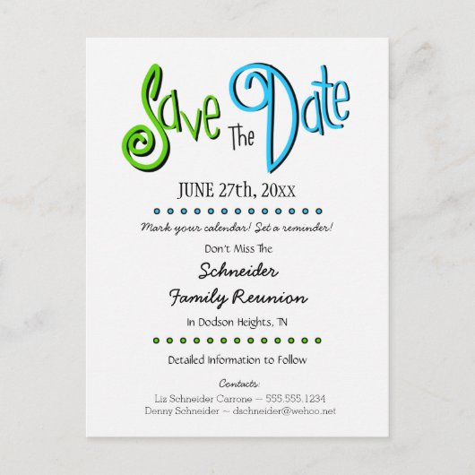 おもしろいファミリ懇親会またはパーティー保存日付 案内ポストカード (正面)