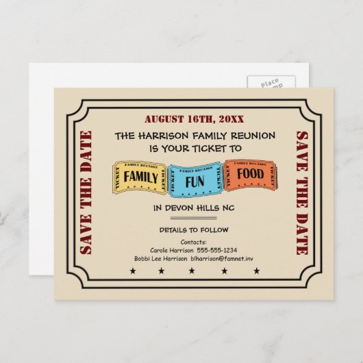 おもしろいファミリ懇親会チケットの保存 案内ポストカード (正面/裏面)