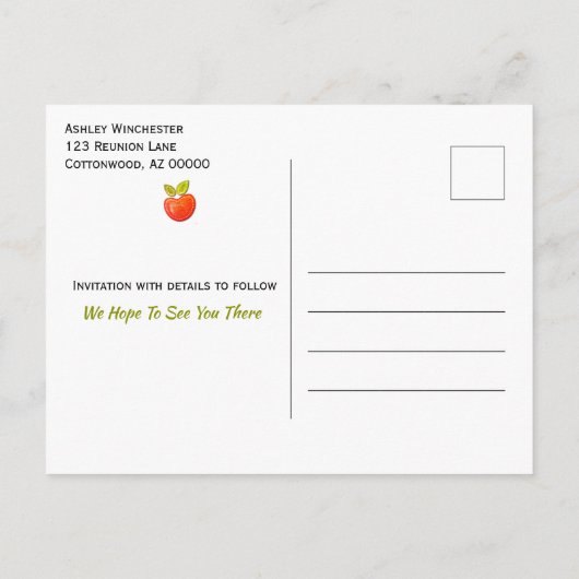 おもしろいファミリ懇親会日付を保存Appleツリーカスタム 案内ポストカード (裏面)