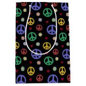 おもしろいファンシーと平和サイン、花とハート ミディアムペーパーバッグ (正面)