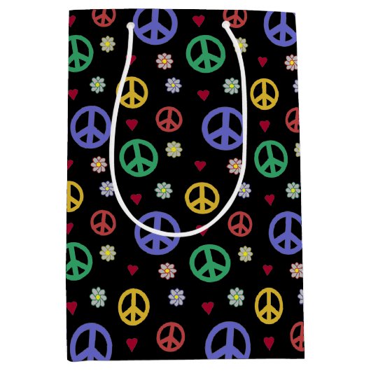 おもしろいファンシーと平和サイン、花とハート ミディアムペーパーバッグ (正面)