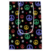 おもしろいファンシーと平和サイン、花とハート ミディアムペーパーバッグ (裏面)