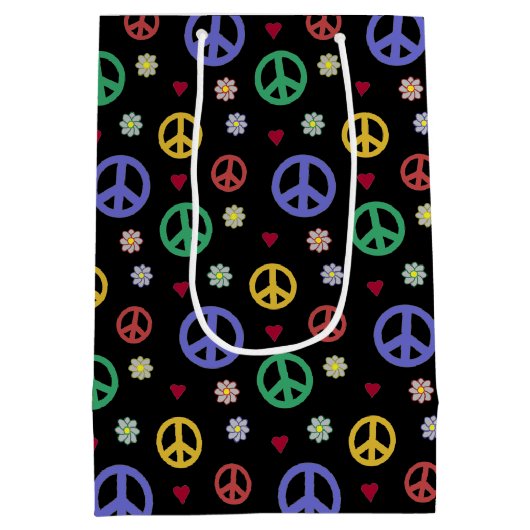 おもしろいファンシーと平和サイン、花とハート ミディアムペーパーバッグ (裏面)