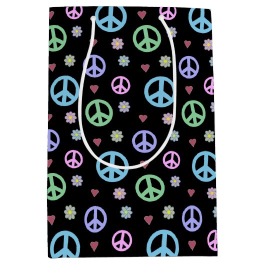 おもしろいファンシーと平和サイン、花とハート ミディアムペーパーバッグ (正面)