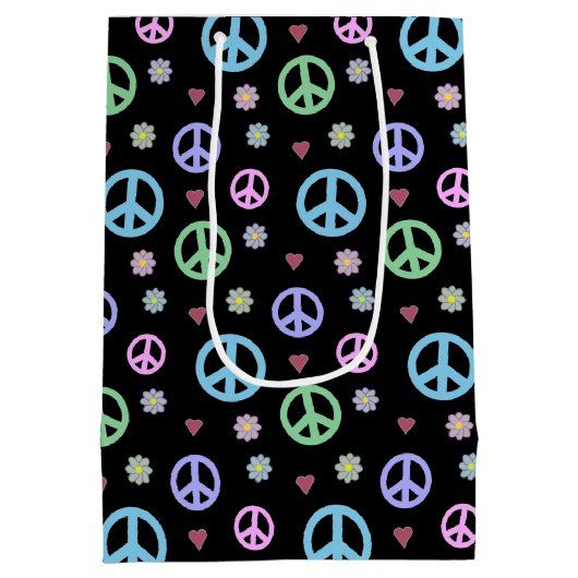 おもしろいファンシーと平和サイン、花とハート ミディアムペーパーバッグ (裏面)