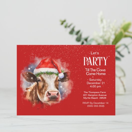 おもしろいファームカウサンタハットレッドクリスマスパーティー 招待状 (スタンド正面)