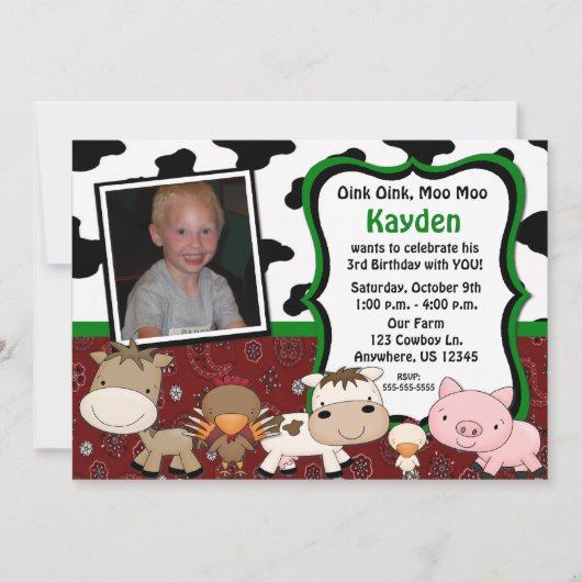 おもしろいファームキッズフォト誕生日招待状 招待状 (正面)