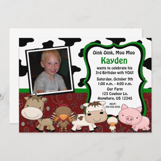 おもしろいファームキッズフォト誕生日招待状 招待状 (正面/裏面)