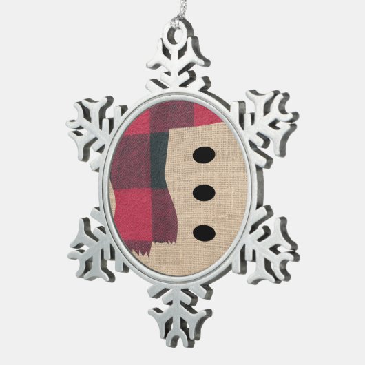 おもしろいファームハウスバーラップ雪だるまプレイドスカーフ&ボタン スノーフレークピューターオーナメント (右)