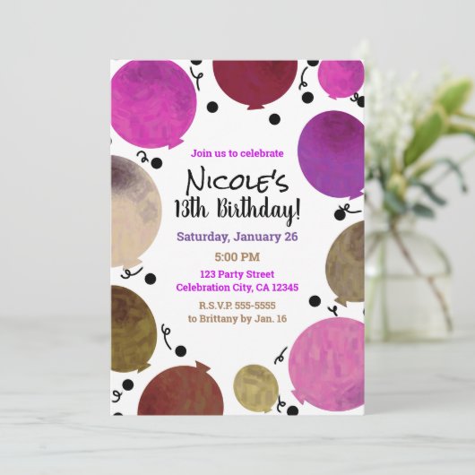 おもしろいフィエスタはっきりしたバルーン誕生祝い 招待状 (スタンド正面)