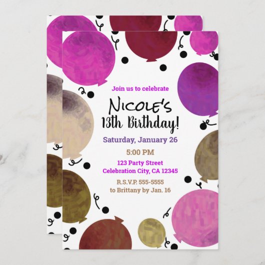 おもしろいフィエスタはっきりしたバルーン誕生祝い 招待状 (正面/裏面)