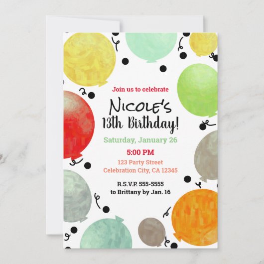 おもしろいフィエスタバルーズバースデーパーティーお祝い 招待状 (正面)