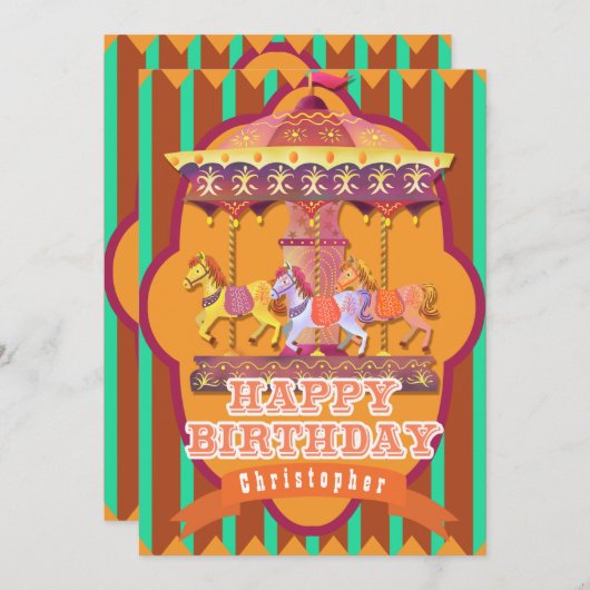 おもしろいフェア回転木馬誕生日 シーズンカード (正面/裏面)