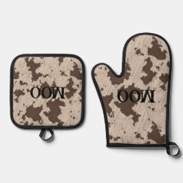 おもしろいフェイク牛プリントクリームとブラウン 鍋つかみ&鍋敷きセット