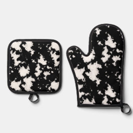 おもしろいフェイク牛プリント白黒 鍋つかみ&鍋敷きセット