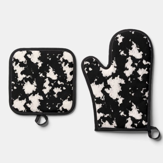 おもしろいフェイク牛プリント白黒 鍋つかみ&鍋敷きセット (正面)