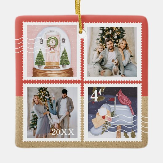 おもしろいフェスティバルクリスマスファミリー写真切手 セラミックオーナメント (正面)