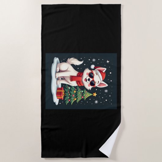 おもしろいフェスティバルサングラスドッグとクリスマスツリーC ビーチタオル (正面)