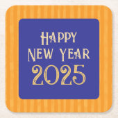 おもしろいフェスティバルハッピーニューイヤー真夜中の青ストライプ色 スクエアペーパーコースター (正面)