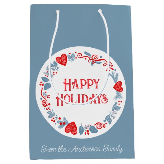 おもしろいフェスティバルハッピーホリデーズファミリーネームブルー ミディアムペーパーバッグ (正面)