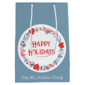 おもしろいフェスティバルハッピーホリデーズファミリーネームブルー ミディアムペーパーバッグ (裏面)