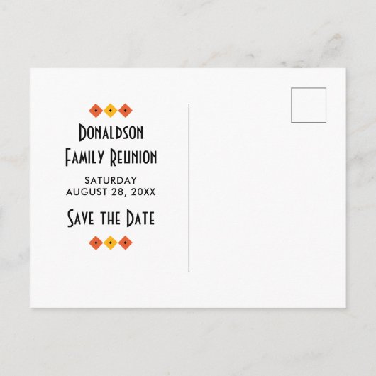 おもしろいフェスティバルファミリ懇親会またはパーティー保存日付 案内ポストカード (裏面)