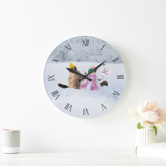 おもしろいフェスティバル猫をテーマにした雪だるまウォールクロック ラージ壁時計 (ホーム)