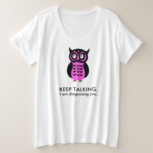 おもしろいフクロウの保口声 プラスサイズTシャツ (デザイン正面)