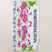 おもしろいフラミンゴ族 ビーチタオル (正面)