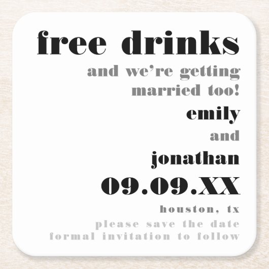 おもしろいフリー飲み物が結婚してデートを守る スクエアペーパーコースター (正面)