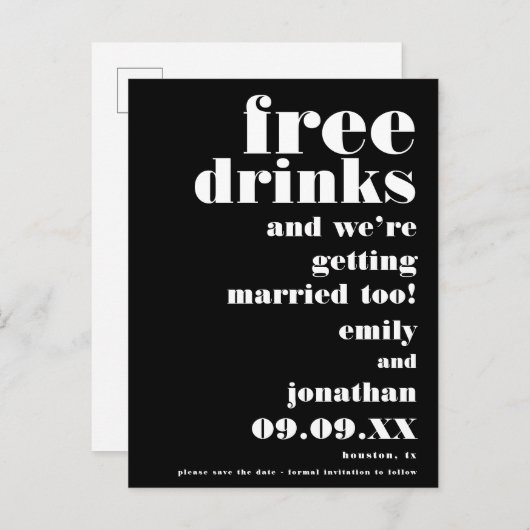 おもしろいフリー飲み物白黒結婚式の日付を保存 案内ポストカード (正面/裏面)