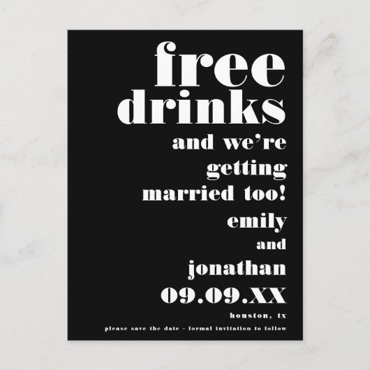 おもしろいフリー飲み物白黒結婚式の日付を保存 案内ポストカード (正面)