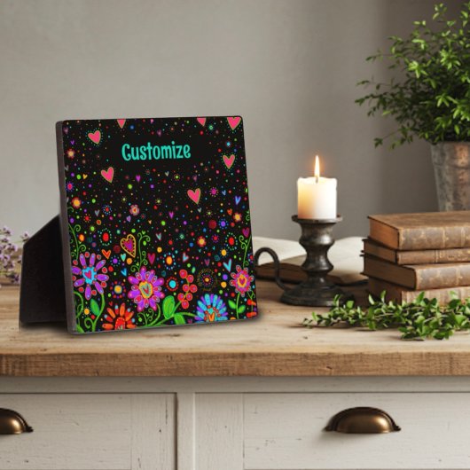おもしろいフローラお洒落ハートパーソナライズされた黒 フォトプラーク