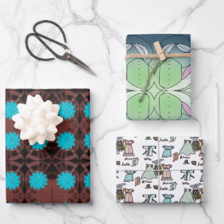 おもしろいフローラと服、明るい青と茶色 ラッピングペーパーシート