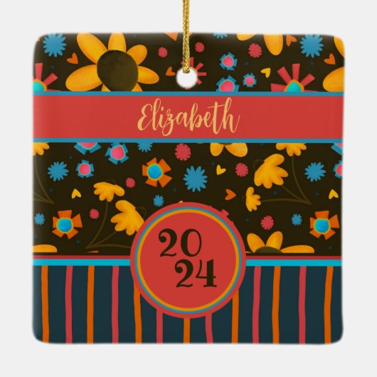おもしろいフローラカスタムデイジー写真名日付 セラミックオーナメント (裏面)